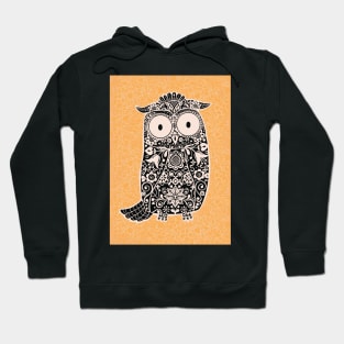 Black and White Folk Art Owl on Yellow Floral Background Hoodie